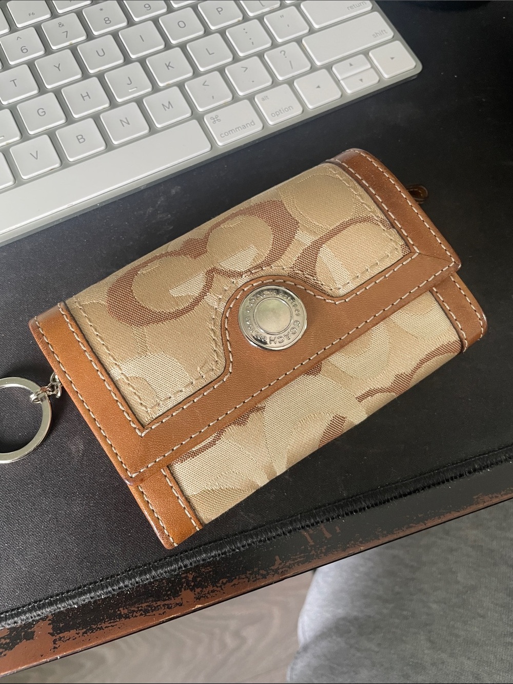 Coach Beige Signature Canvas Key Wallet with Tan Leather Trim